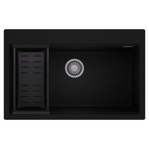 HD Infinity Black 78 egymedencés gránit mosogatótálca szett, matt fekete csepegtetőkosárral, matt fekete színben, szálcsiszolt króm leeresztő szifonnal