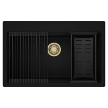 HD Infinity Black 78 egymedencés gránit mosogatótálca szett, matt fekete csepegtetőráccsal és kosárral, matt fekete színben, szálcsiszolt arany leeresztő szifonnal