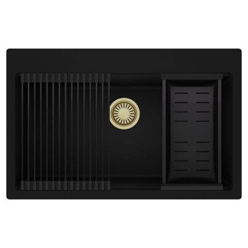 HD Infinity Black 78 egymedencés gránit mosogatótálca szett, matt fekete csepegtetőráccsal és kosárral, matt fekete színben, szálcsiszolt arany leeresztő szifonnal