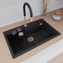 HD Infinity Black 78 egymedencés gránit mosogatótálca szett, matt fekete csepegtetőráccsal és kosárral, matt fekete színben, szálcsiszolt arany leeresztő szifonnal