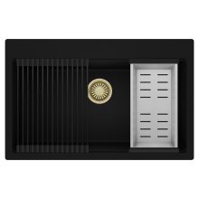 HD Infinity Black 78 egymedencés gránit mosogatótálca szett, matt fekete csepegtetőráccsal és krómozott kosárral, matt fekete színben, szálcsiszolt arany leeresztő szifonnal