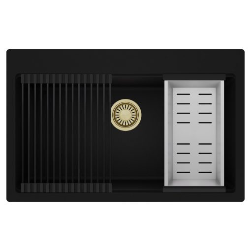 HD Infinity Black 78 egymedencés gránit mosogatótálca szett, matt fekete csepegtetőráccsal és krómozott kosárral, matt fekete színben, szálcsiszolt arany leeresztő szifonnal