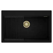 HD Infinity Black 78 egymedencés gránit mosogatótálca szett, matt fekete csepegtetőráccsal, matt fekete színben, szálcsiszolt arany leeresztő szifonnal