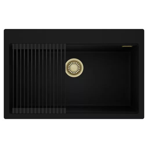 HD Infinity Black 78 egymedencés gránit mosogatótálca szett, matt fekete csepegtetőráccsal, matt fekete színben, szálcsiszolt arany leeresztő szifonnal