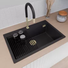 HD Infinity Black 78 egymedencés gránit mosogatótálca szett, matt fekete csepegtetőráccsal, matt fekete színben, szálcsiszolt arany leeresztő szifonnal