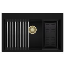 HD Infinity Black 78 egymedencés gránit mosogatótálca szett, acél csepegtetőráccsal és matt fekete kosárral, matt fekete színben, szálcsiszolt arany leeresztő szifonnal
