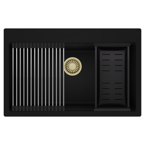 HD Infinity Black 78 egymedencés gránit mosogatótálca szett, acél csepegtetőráccsal és matt fekete kosárral, matt fekete színben, szálcsiszolt arany leeresztő szifonnal