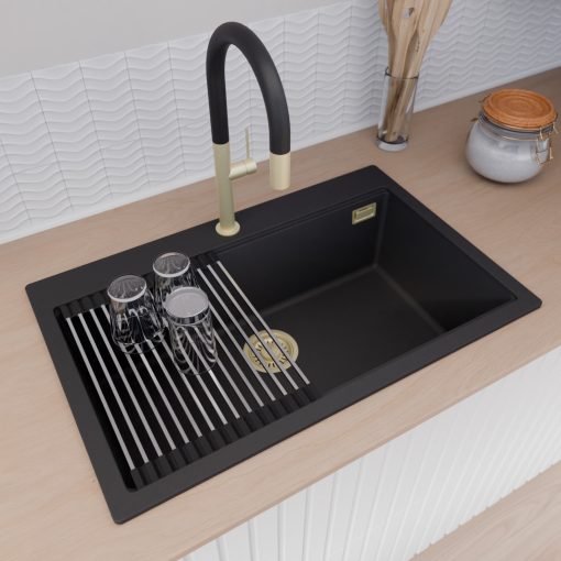 HD Infinity Black 78 egymedencés gránit mosogatótálca szett, acél csepegtetőráccsal és matt fekete kosárral, matt fekete színben, szálcsiszolt arany leeresztő szifonnal