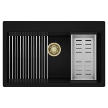 HD Infinity Black 78 egymedencés gránit mosogatótálca szett, acél csepegtetőráccsal és kosárral, matt fekete színben, szálcsiszolt arany leeresztő szifonnal