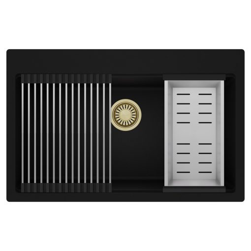 HD Infinity Black 78 egymedencés gránit mosogatótálca szett, acél csepegtetőráccsal és kosárral, matt fekete színben, szálcsiszolt arany leeresztő szifonnal