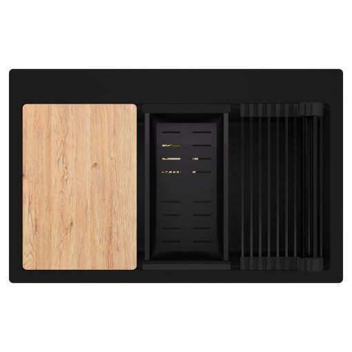 HD Infinity Black 78 egymedencés gránit mosogatótálca szett, vágódeszkával, matt fekete csepegtetőráccsal és kosárral, matt fekete színben, szálcsiszolt arany leeresztő szifonnal