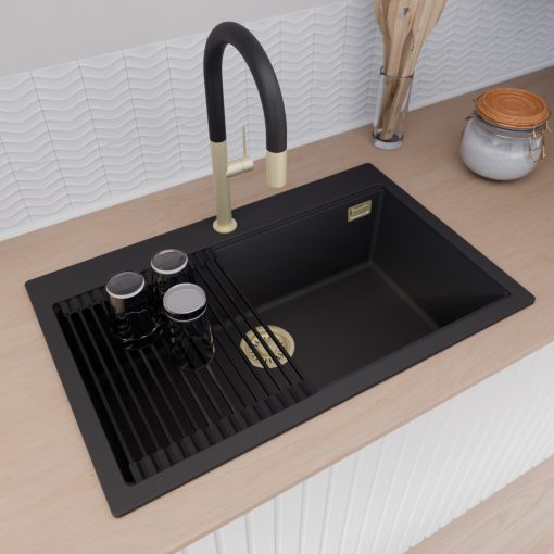 HD Infinity Black 78 egymedencés gránit mosogatótálca szett, vágódeszkával, matt fekete csepegtetőráccsal és krómozott kosárral, matt fekete színben, szálcsiszolt arany leeresztő szifonnal