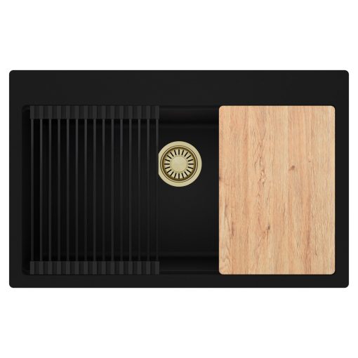HD Infinity Black 78 egymedencés gránit mosogatótálca szett, vágódeszkával, matt fekete csepegtetőráccsal, matt fekete színben, szálcsiszolt arany leeresztő szifonnal