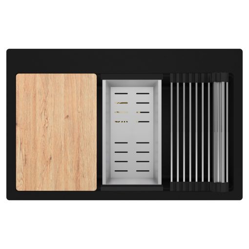 HD Infinity Black 78 egymedencés gránit mosogatótálca szett, vágódeszkával, acél csepegtetőráccsal és kosárral, matt fekete színben, szálcsiszolt arany leeresztő szifonnal