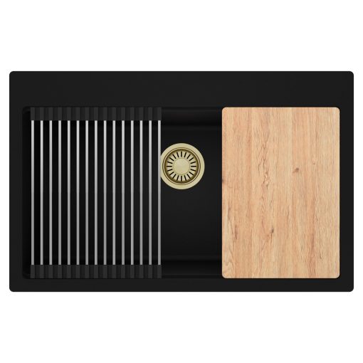 HD Infinity Black 78 egymedencés gránit mosogatótálca szett, vágódeszkával, acél csepegtetőráccsal, matt fekete színben, szálcsiszolt arany leeresztő szifonnal