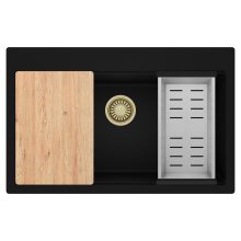 HD Infinity Black 78 egymedencés gránit mosogatótálca szett, vágódeszkával, acél csepegtetőkosárral, matt fekete színben, szálcsiszolt arany leeresztő szifonnal