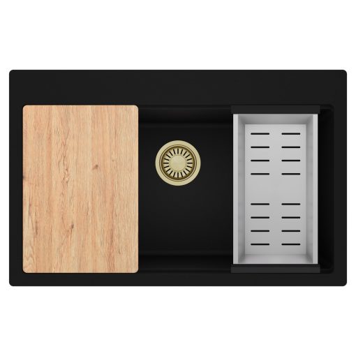 HD Infinity Black 78 egymedencés gránit mosogatótálca szett, vágódeszkával, acél csepegtetőkosárral, matt fekete színben, szálcsiszolt arany leeresztő szifonnal