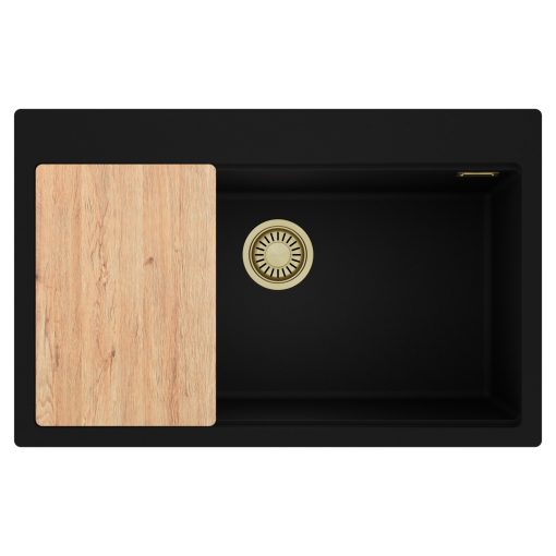 HD Infinity Black 78 egymedencés gránit mosogatótálca, vágódeszkával, matt fekete színben, szálcsiszolt arany leeresztő szifonnal