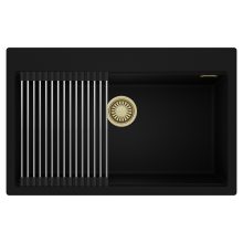 HD Infinity Black 78 egymedencés gránit mosogatótálca szett, acél csepegtetőráccsal, matt fekete színben, szálcsiszolt arany leeresztő szifonnal