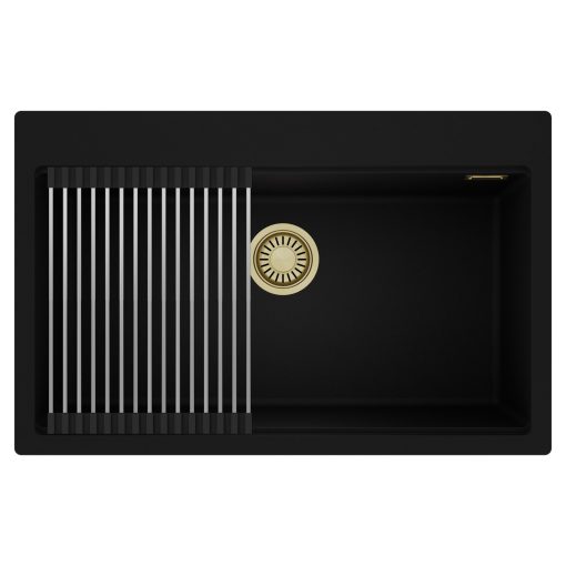 HD Infinity Black 78 egymedencés gránit mosogatótálca szett, acél csepegtetőráccsal, matt fekete színben, szálcsiszolt arany leeresztő szifonnal
