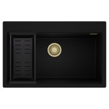 HD Infinity Black 78 egymedencés gránit mosogatótálca szett, matt fekete csepegtetőkosárral, matt fekete színben, szálcsiszolt arany leeresztő szifonnal