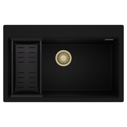 HD Infinity Black 78 egymedencés gránit mosogatótálca szett, matt fekete csepegtetőkosárral, matt fekete színben, szálcsiszolt arany leeresztő szifonnal