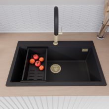 HD Infinity Black 78 egymedencés gránit mosogatótálca szett, matt fekete csepegtetőkosárral, matt fekete színben, szálcsiszolt arany leeresztő szifonnal