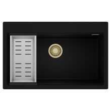 HD Infinity Black 78 egymedencés gránit mosogatótálca szett, acél csepegtetőkosárral, matt fekete színben, szálcsiszolt arany leeresztő szifonnal