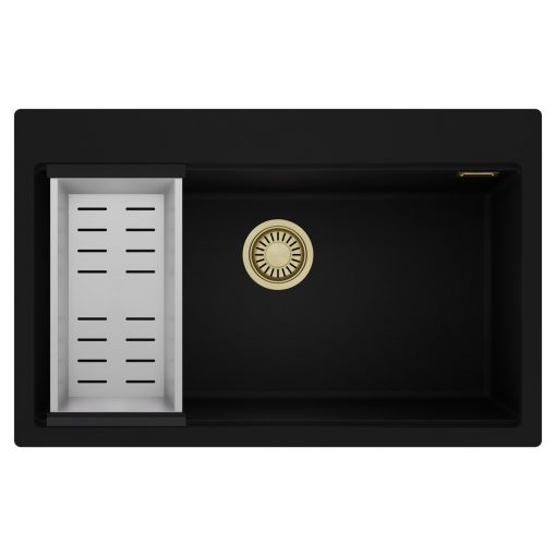 HD Infinity Black 78 egymedencés gránit mosogatótálca szett, acél csepegtetőkosárral, matt fekete színben, szálcsiszolt arany leeresztő szifonnal