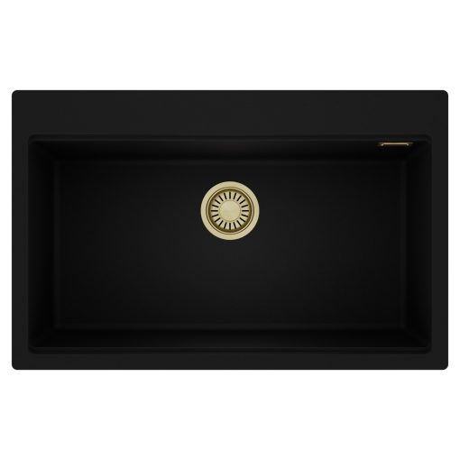 HD Infinity Black 78 egymedencés gránit mosogatótálca, matt fekete színben, szálcsiszolt arany leeresztő szifonnal