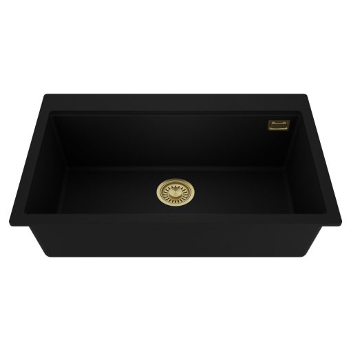 HD Infinity Black 78 egymedencés gránit mosogatótálca, matt fekete színben, szálcsiszolt arany leeresztő szifonnal