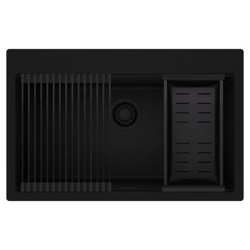 HD Infinity Black 78 egymedencés gránit mosogatótálca szett, matt fekete csepegtetőráccsal és kosárral, matt fekete színben, matt fekete leeresztő szifonnal
