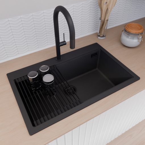 HD Infinity Black 78 egymedencés gránit mosogatótálca szett, matt fekete csepegtetőráccsal és krómozott kosárral, matt fekete színben, matt fekete leeresztő szifonnal