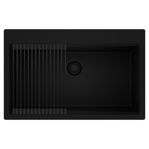 HD Infinity Black 78 egymedencés gránit mosogatótálca szett, matt fekete csepegtetőráccsal, matt fekete színben, matt fekete leeresztő szifonnal