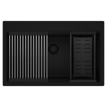 HD Infinity Black 78 egymedencés gránit mosogatótálca szett, acél csepegtetőráccsal és matt fekete kosárral, matt fekete színben, matt fekete leeresztő szifonnal