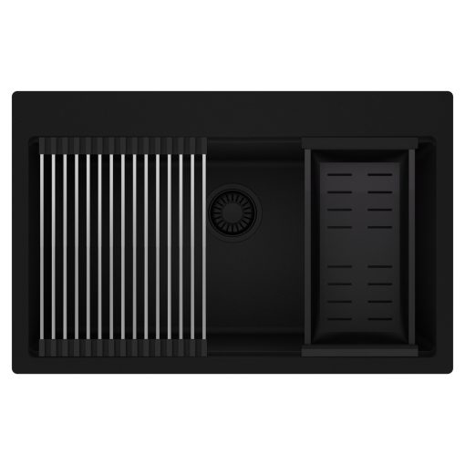 HD Infinity Black 78 egymedencés gránit mosogatótálca szett, acél csepegtetőráccsal és matt fekete kosárral, matt fekete színben, matt fekete leeresztő szifonnal