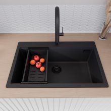 HD Infinity Black 78 egymedencés gránit mosogatótálca szett, acél csepegtetőráccsal és matt fekete kosárral, matt fekete színben, matt fekete leeresztő szifonnal