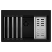 HD Infinity Black 78 egymedencés gránit mosogatótálca szett, acél csepegtetőráccsal és kosárral, matt fekete színben, matt fekete leeresztő szifonnal