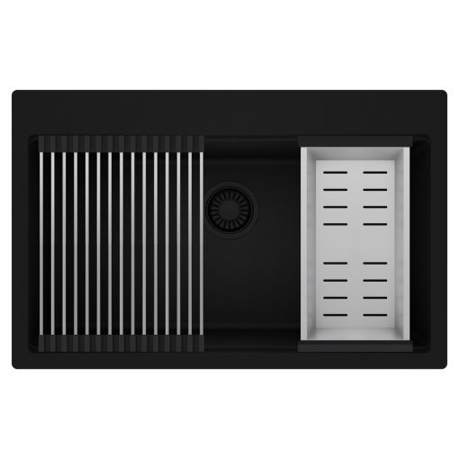 HD Infinity Black 78 egymedencés gránit mosogatótálca szett, acél csepegtetőráccsal és kosárral, matt fekete színben, matt fekete leeresztő szifonnal