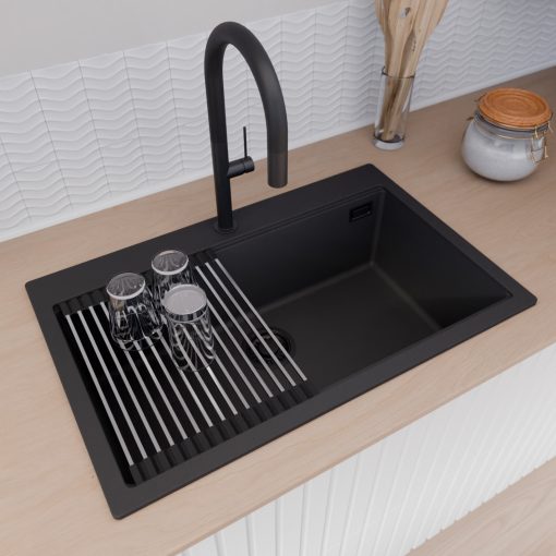 HD Infinity Black 78 egymedencés gránit mosogatótálca szett, acél csepegtetőráccsal és kosárral, matt fekete színben, matt fekete leeresztő szifonnal