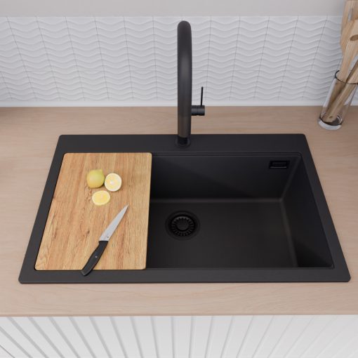 HD Infinity Black 78 egymedencés gránit mosogatótálca szett, vágódeszkával, matt fekete csepegtetőráccsal és kosárral, matt fekete színben, matt fekete leeresztő szifonnal