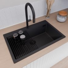 HD Infinity Black 78 egymedencés gránit mosogatótálca szett, vágódeszkával, matt fekete csepegtetőráccsal és kosárral, matt fekete színben, matt fekete leeresztő szifonnal