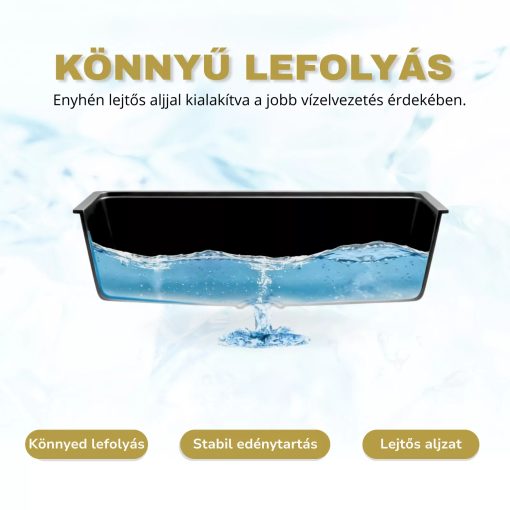 HD Infinity Black 78 egymedencés gránit mosogatótálca szett, vágódeszkával, acél csepegtetőráccsal és kosárral, matt fekete színben, matt fekete leeresztő szifonnal