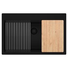 HD Infinity Black 78 egymedencés gránit mosogatótálca szett, vágódeszkával, acél csepegtetőráccsal, matt fekete színben, matt fekete leeresztő szifonnal