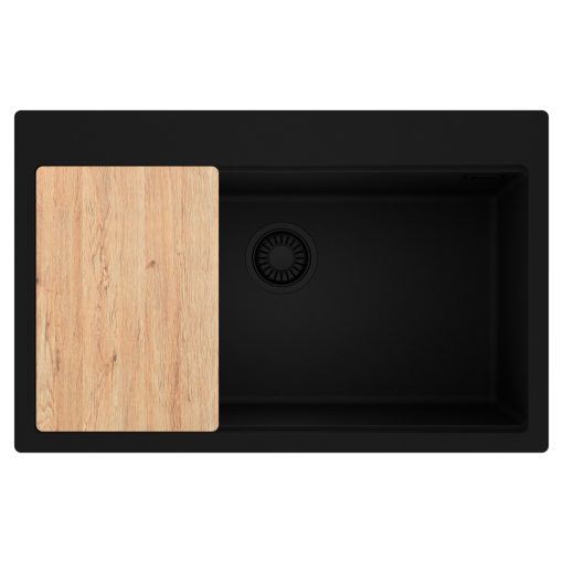 HD Infinity Black 78 egymedencés gránit mosogatótálca, vágódeszkával, matt fekete színben, matt fekete leeresztő szifonnal