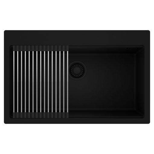 HD Infinity Black 78 egymedencés gránit mosogatótálca szett, acél csepegtetőráccsal, matt fekete színben, matt fekete leeresztő szifonnal