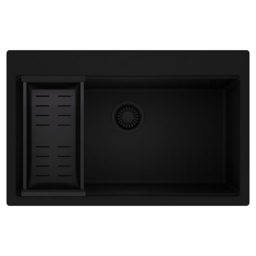 HD Infinity Black 78 egymedencés gránit mosogatótálca szett, matt fekete csepegtetőkosárral, matt fekete színben, matt fekete leeresztő szifonnal