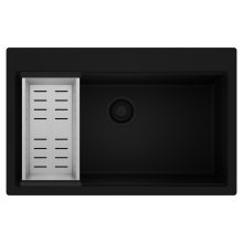 HD Infinity Black 78 egymedencés gránit mosogatótálca szett, acél csepegtetőkosárral, matt fekete színben, matt fekete leeresztő szifonnal