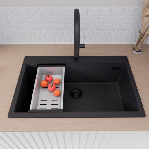 HD Infinity Black 78 egymedencés gránit mosogatótálca szett, acél csepegtetőkosárral, matt fekete színben, matt fekete leeresztő szifonnal