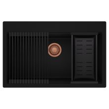 HD Infinity Black 78 egymedencés gránit mosogatótálca szett, matt fekete csepegtetőráccsal és kosárral, matt fekete színben, szálcsiszolt réz leeresztő szifonnal